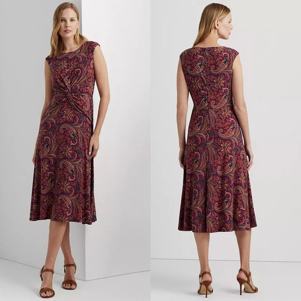 NWT New $135 Ralph Lauren Paisley Twist-Front Jersey Dress Size 14